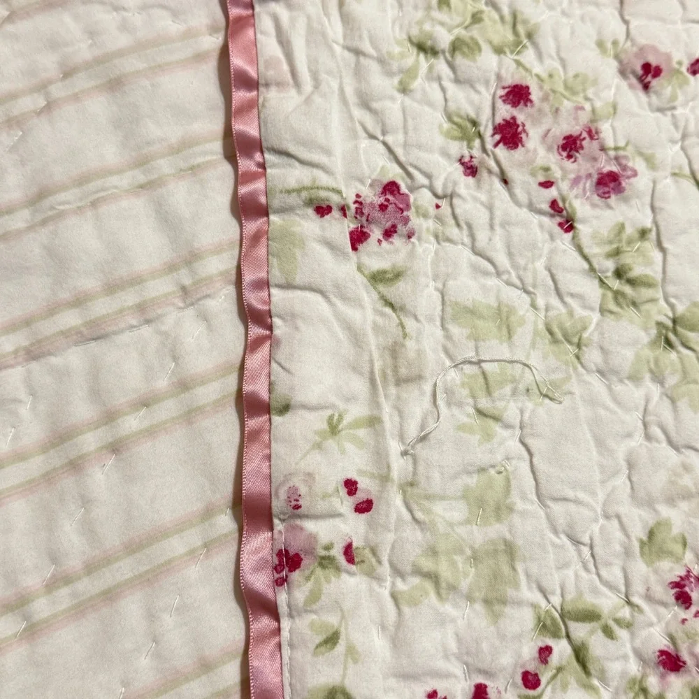 Simply Shabby Chic Dainty Floral Stripe  Reversible Cotton Quilt Pink Satin Trim